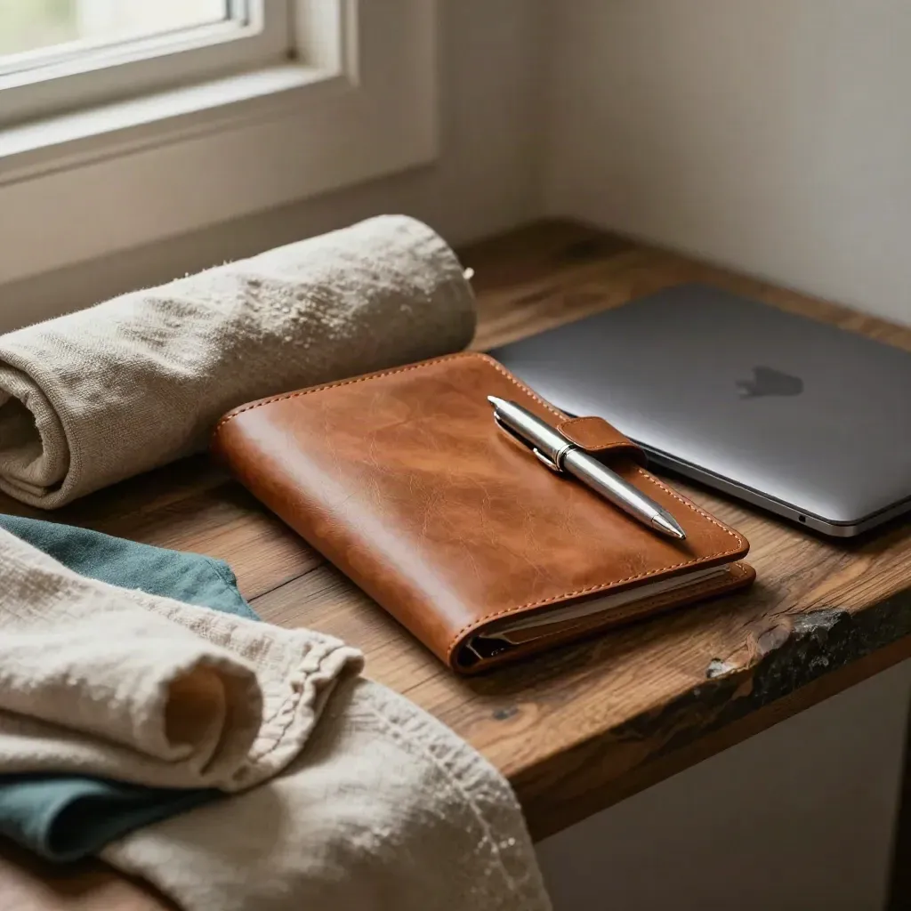 Lädermapp, penna, linnesfodral och stängd laptop i ett kreativt arbetsrum