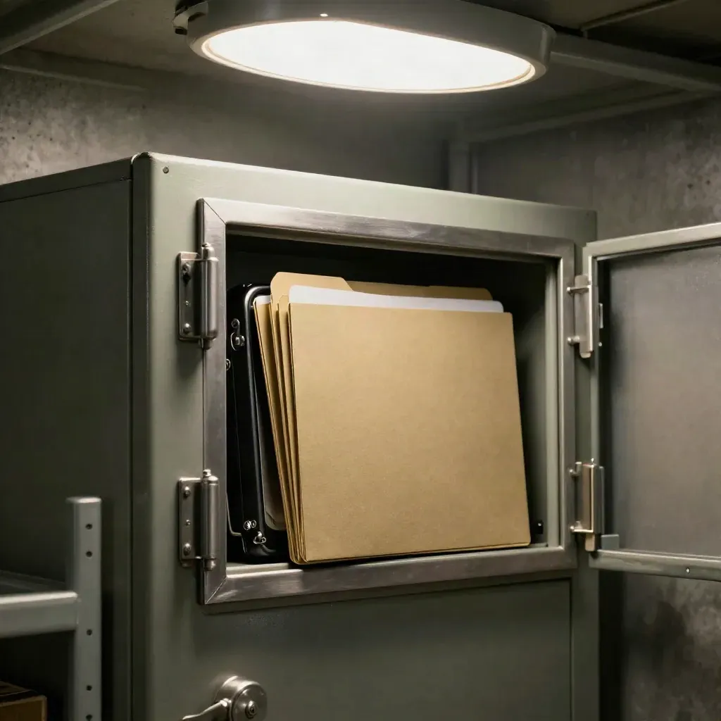 Stängt arkivskåp med hårddisk, mappar och metallspänne i kall serverrumsbelysning.
