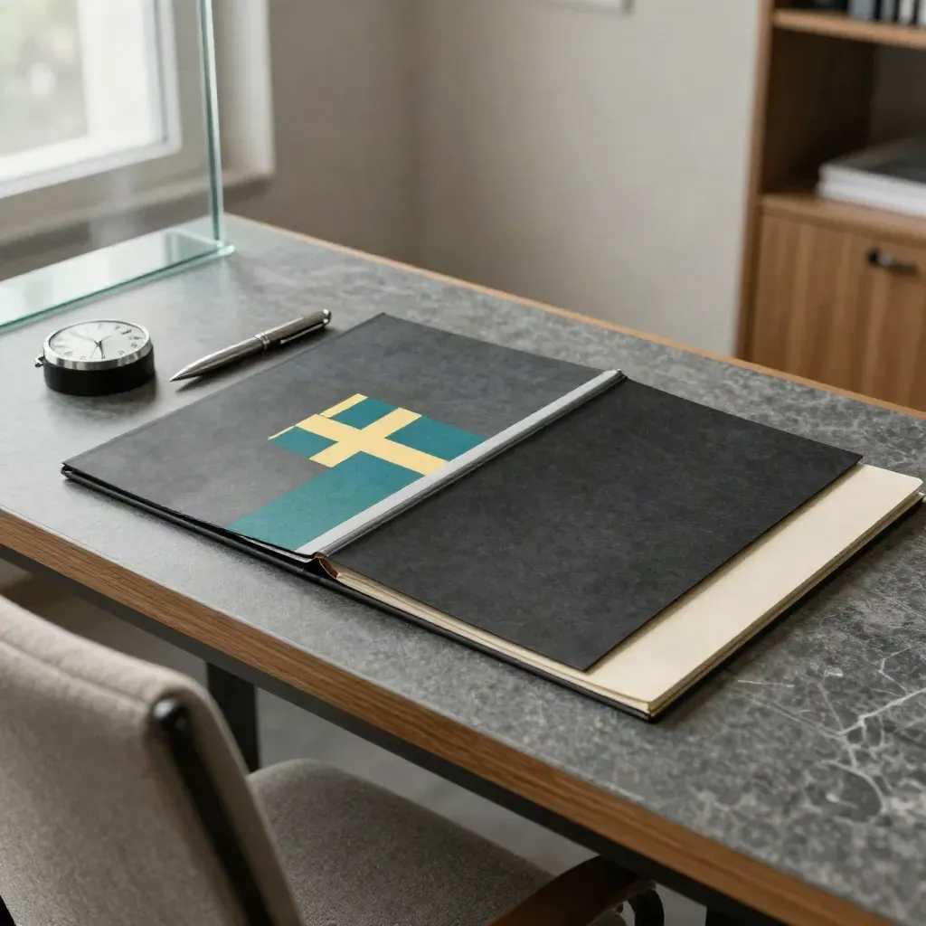 Snett ovanifrån på en mapp med färgflaggor, penna och timer på ett städat skrivbord.